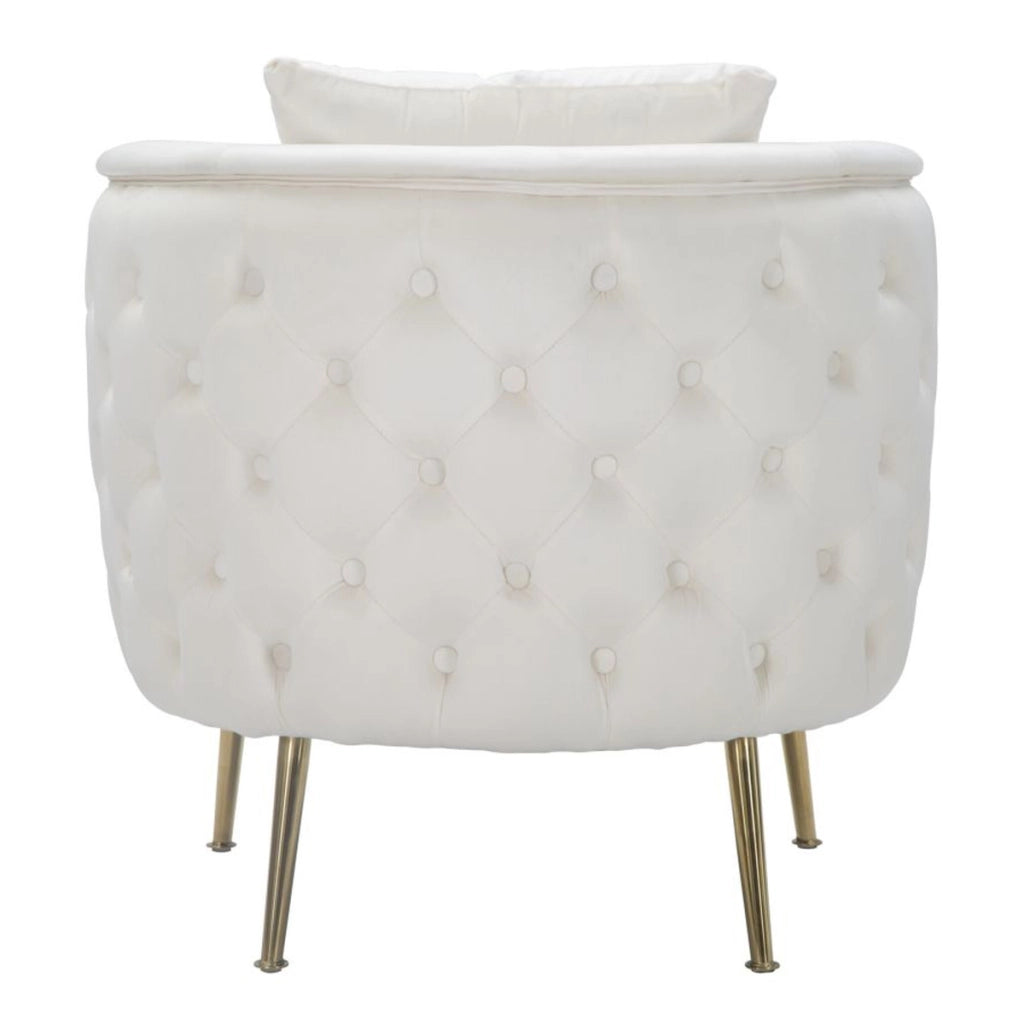 Poltrona Bucarest in velluto crema con braccioli capitonne e gambe oro 76x74x73 cm