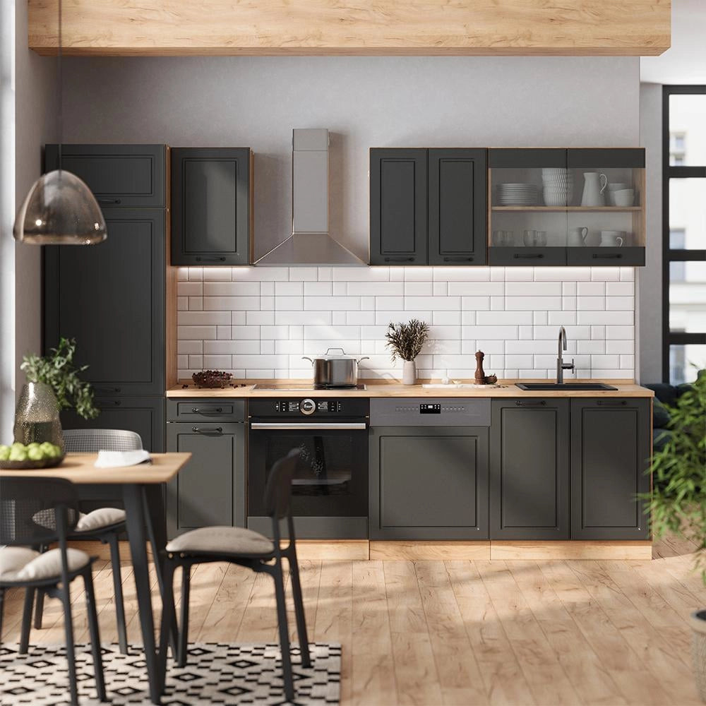 Cucina componibile R-Line Antracite rustico/Rovere dorato 300 cm, PL Rovere Vicco
