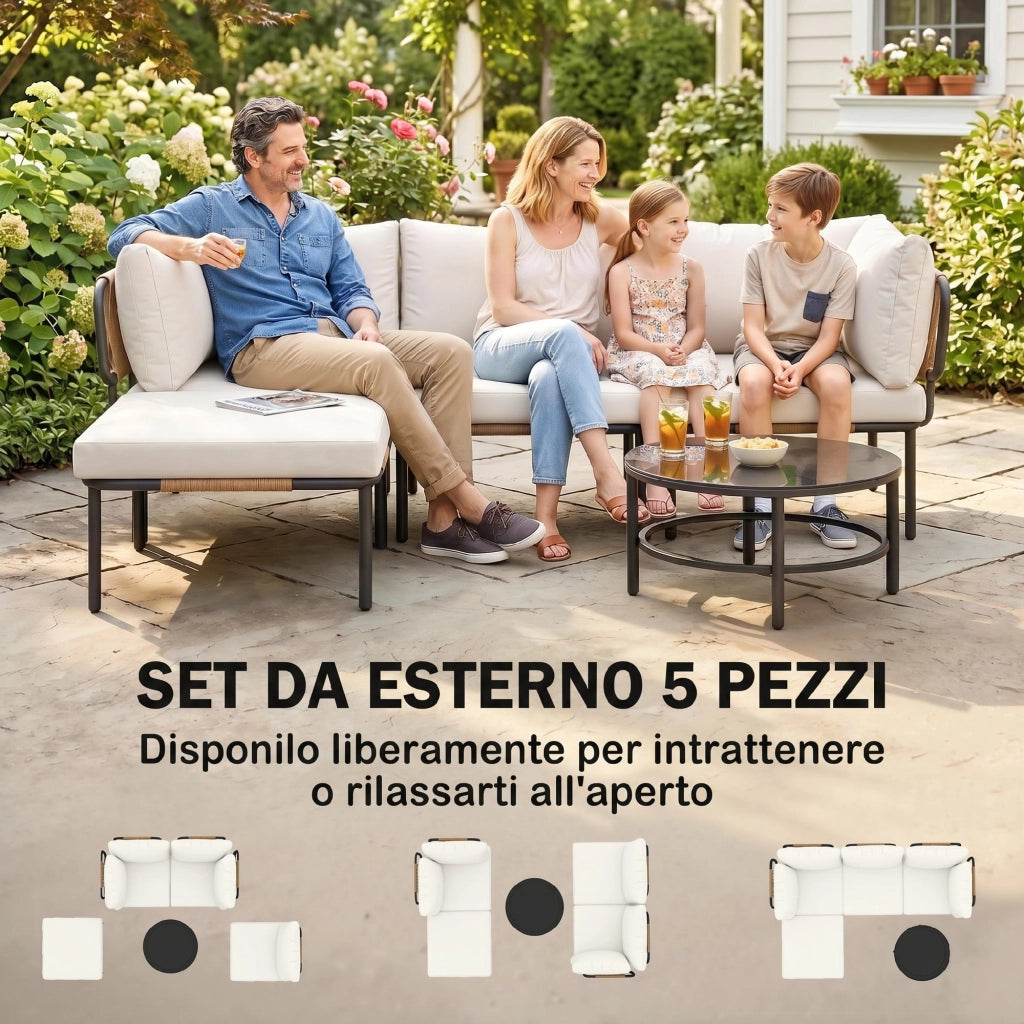 Set 5 Pezzi da Giardino Modulabile con Divano a L Tavolino e Cuscini in Rattan Cachi
