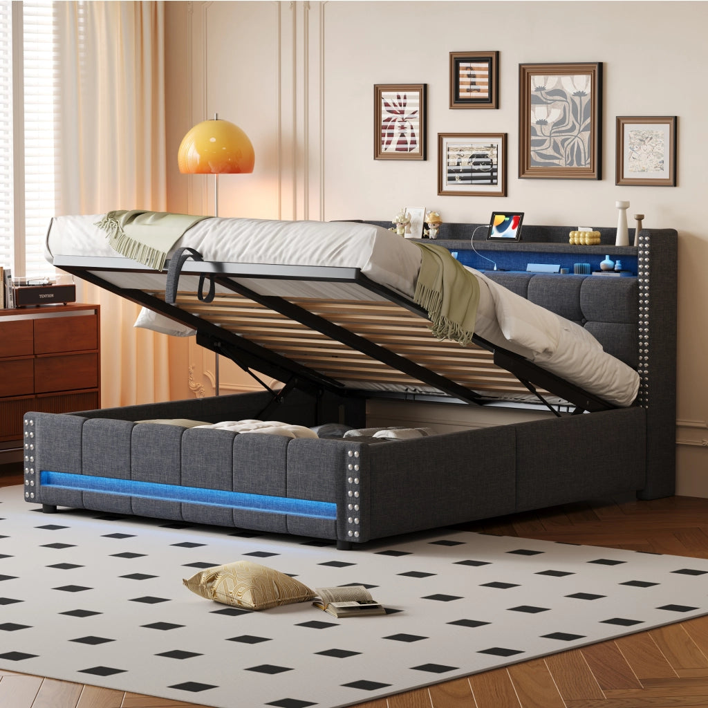 Letto imbottito matrimoniale 160×200 cm con LED; USB; ripiani; contenitore e rete sollevabile; senza materasso; grigio