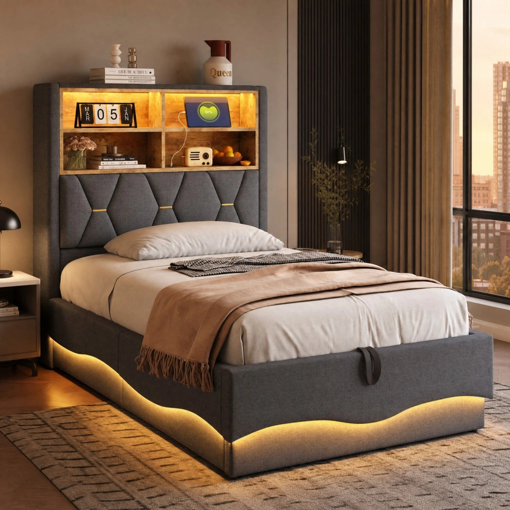 Letto per bambini e ragazzi 90x200 cm con LED, USB e contenitore, grigio in lino