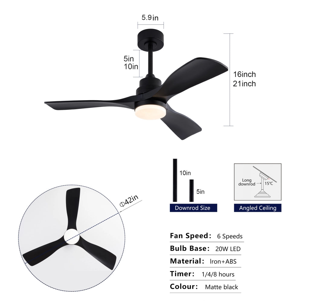 Ventilatore da soffitto ULEVR 42 pollici nero con luce LED 20 W, telecomando, 3 pale e motore DC reversibile