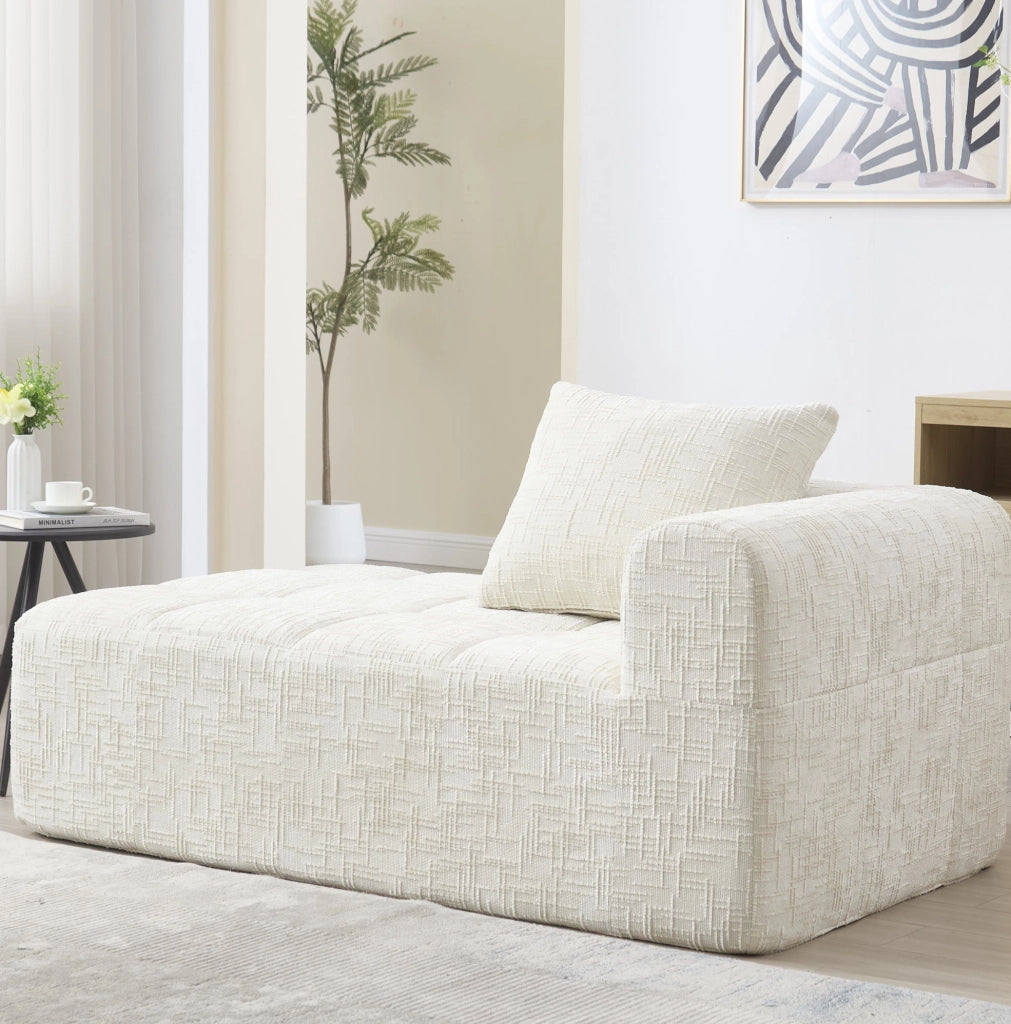 Divano chaise longue 158x90x60 cm in ciniglia beige con tasche laterali e cuscino