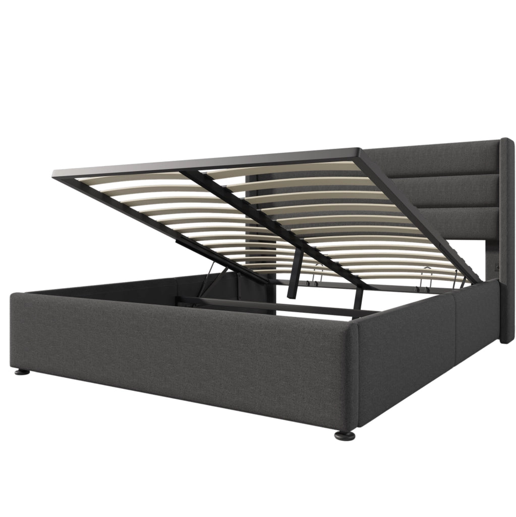 Letto contenitore imbottito 160x200 cm grigio con struttura in metallo e rete a doghe in legno