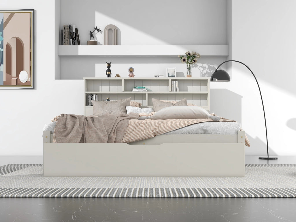 Letto matrimoniale con cassetti 140 ¡Á 200 cm in legno bianco con testiera libreria e rete a doghe