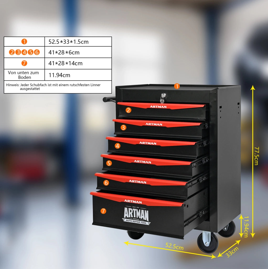 Carrello portattrezzi mobile in acciaio con 6 cassetti, dimensioni 60x33x77,5 cm, colore nero e rosso