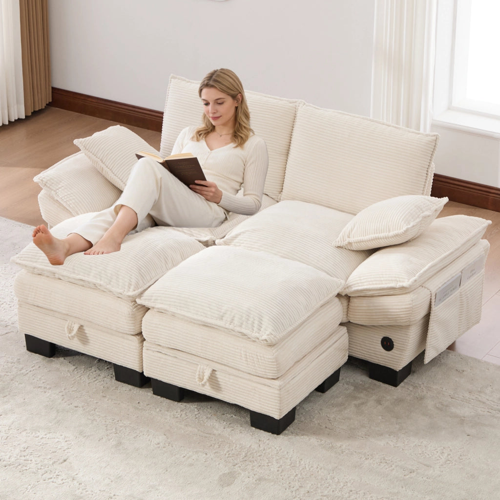 Divano modulare 2 posti 190x132x84 cm in velluto a coste beige con USB-C