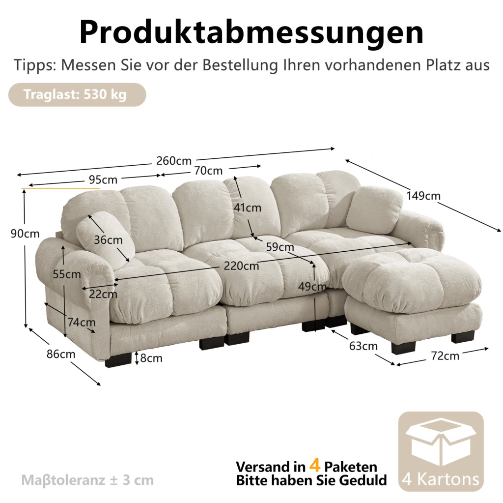 Divano angolare a 3 posti in chenille color kaki chiaro con pouf mobile e 2 cuscini decorativi