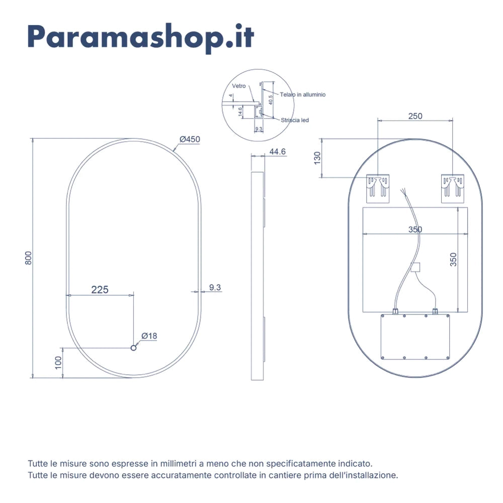 Specchio led retroilluminato 45x80cm con cornice nero opaco luce calda, neutra, fredda e anti-appannamento | Chara