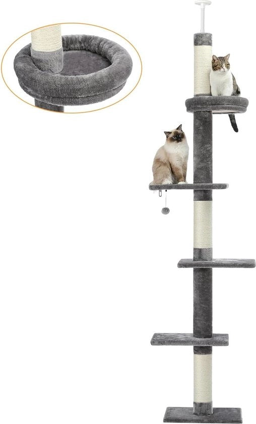 Cat tree con 5 livelli da pavimento a soffitto regolabile in altezza grigio - centro di attività per gatti indoor