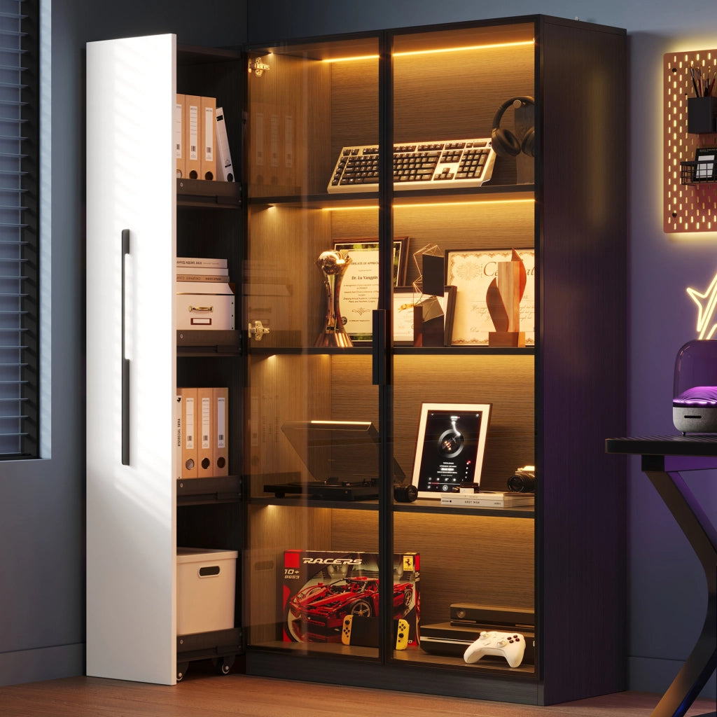Vetrina LED 110;5x35x160 cm con anta in vetro e vano estraibile in MDF; nera