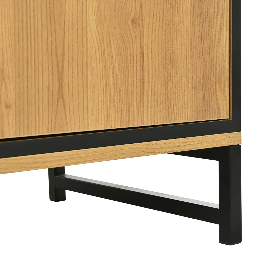 Sideboard moderno con 3 cassetti e vani portaoggetti, finitura legno e nero, venatura elegante