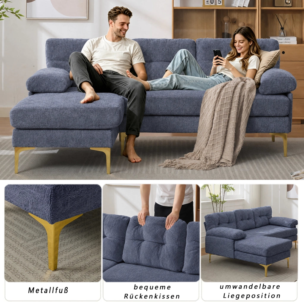 Divano ad angolo a 3 posti 187,5 cm in tessuto Chenille blu con braccioli imbottiti e piedini in metallo