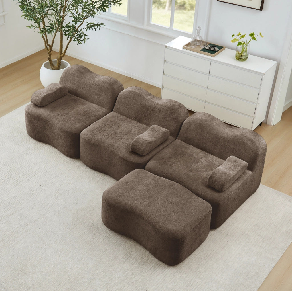 Divano angolare modulare ULEVR in velluto marrone con pouf collegabile, imbottitura in schiuma 32D