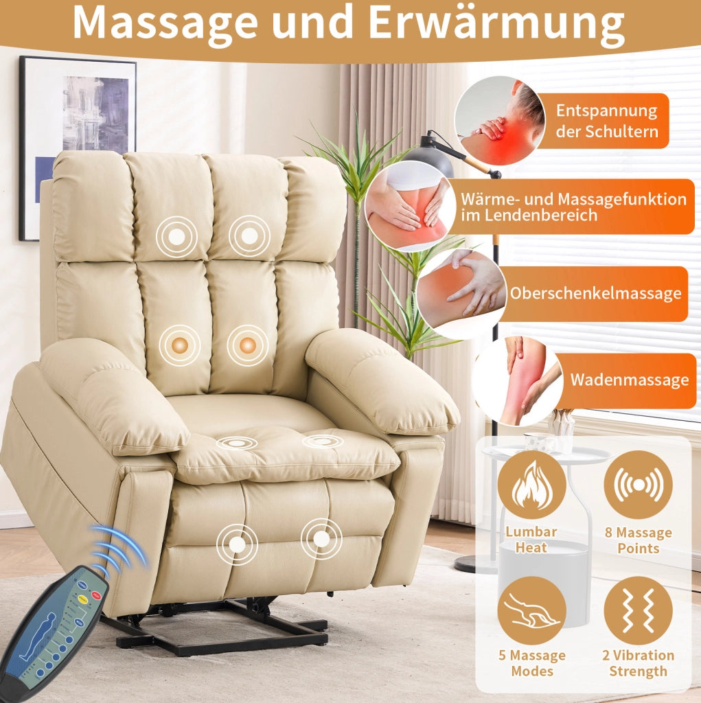 Poltrona relax elettrica con motore doppio, funzione alzapersona, massaggi e riscaldamento, rivestimento in tessuto crema