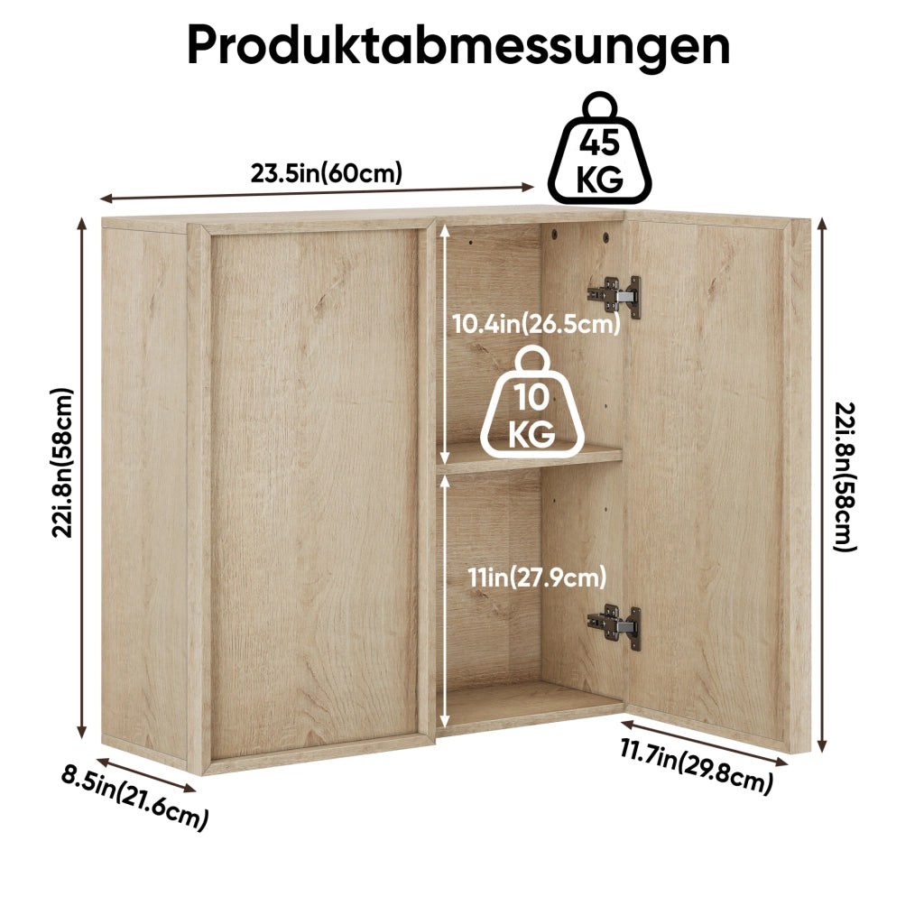 Mobiletto da bagno sospeso con doppia anta senza maniglie in effetto rovere, 60x22x58 cm