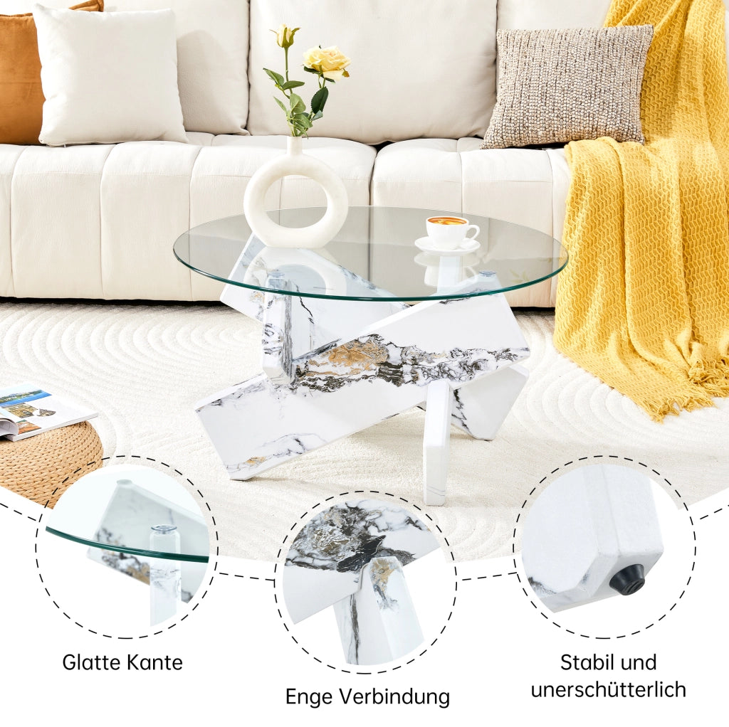 Tavolino da caffè rotondo 79 cm in MDF e vetro; bianco e trasparente