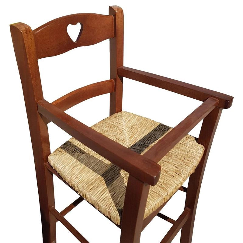 SEGGIOLONE IN LEGNO NOCE CON SEDUTA IN PAGLIA E CUORE INTAGLIATO SULLA SPALLIERA REALIZZATO IN FAGGIO 36×39×86 CM
