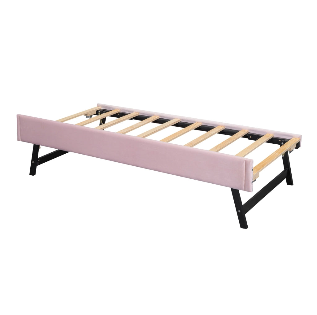 Letto imbottito rosa 90x200 cm in velluto con rete a doghe e letto estraibile