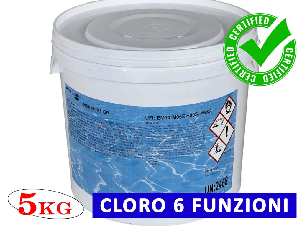 Cloro in Pastiglie per Pulizia Acqua Piscina MULTIFUNZIONE 6 Azioni 5kg 200g Polifunzione