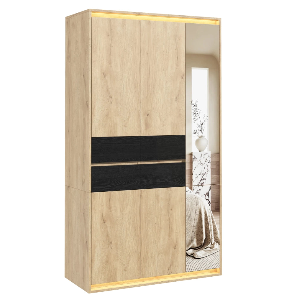Armadio con specchio e illuminazione LED, 90x47x200 cm, antracite-rovere, 2 appendini, 4 cassetti, 9 vani, ante battenti
