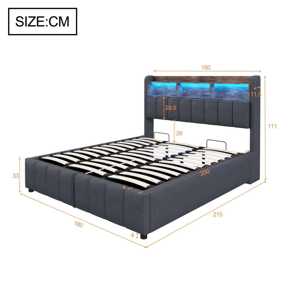 Letto imbottito 180x200 cm con LED; contenitore; USB e Type-C; grigio