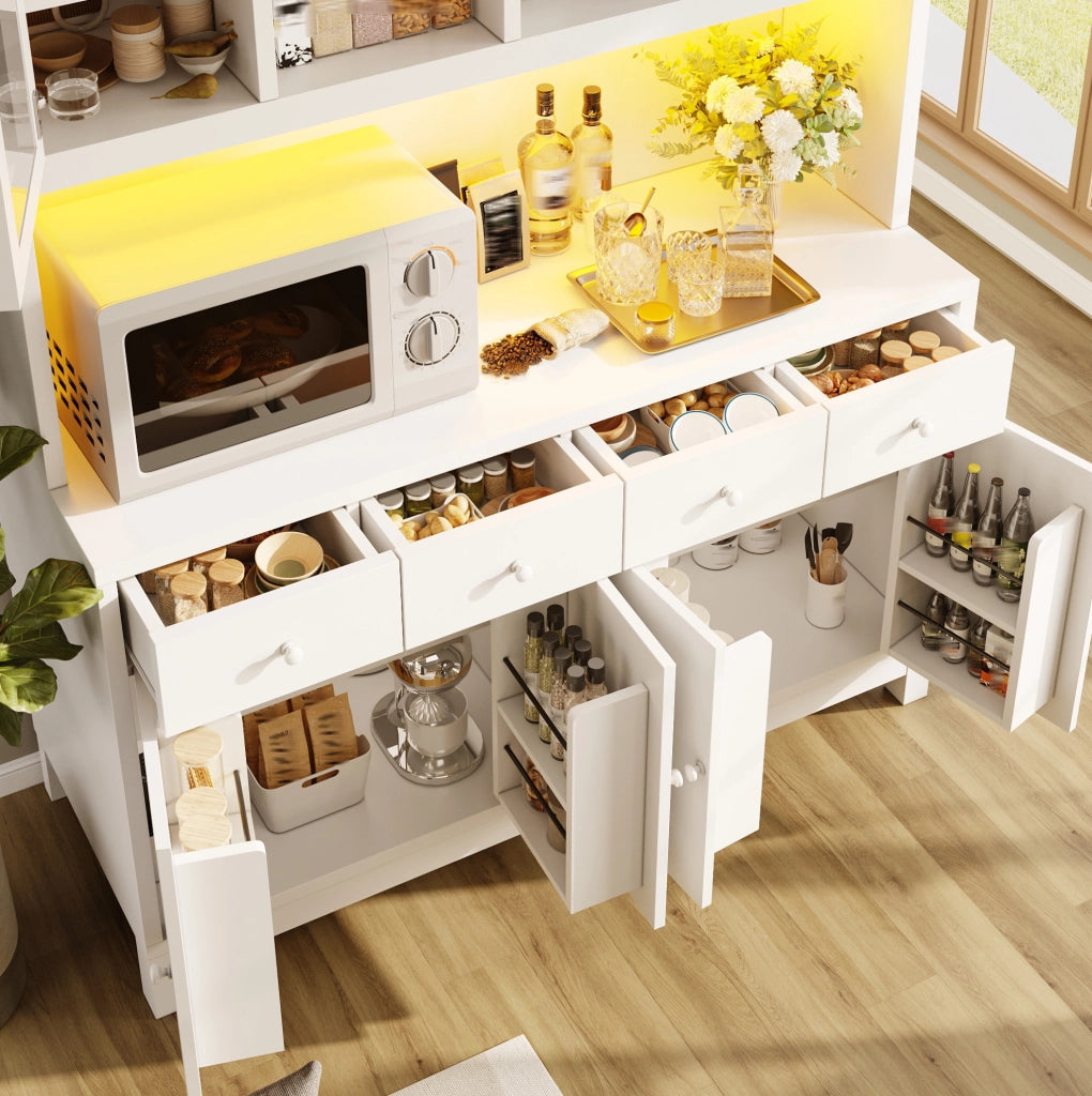 Credenza alta 140x38,5x180 cm in MDF bianco, LED RGB e 4 cassetti