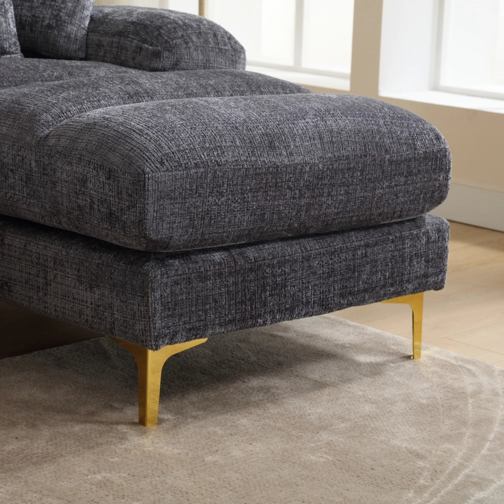 Divano modulare moderno a forma di U in chenille con doppie sedute reclinabili, struttura in legno e piedi in metallo dorato, 272x136x88 cm