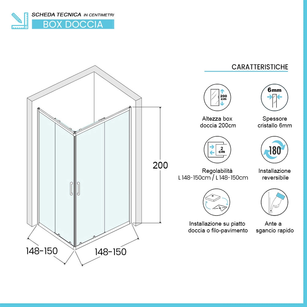 Box doccia angolare 150x150 con doppia porta scorrevole in vetro trasparente Ted