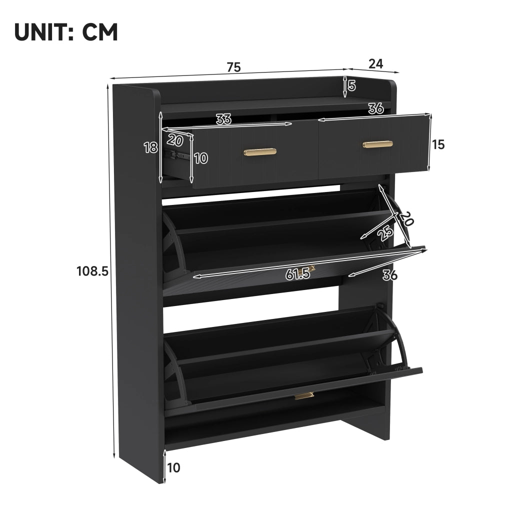 Scarpiera 75x24x108.5 cm con 2 vani a ribalta e cassetto in pannello di particelle nero