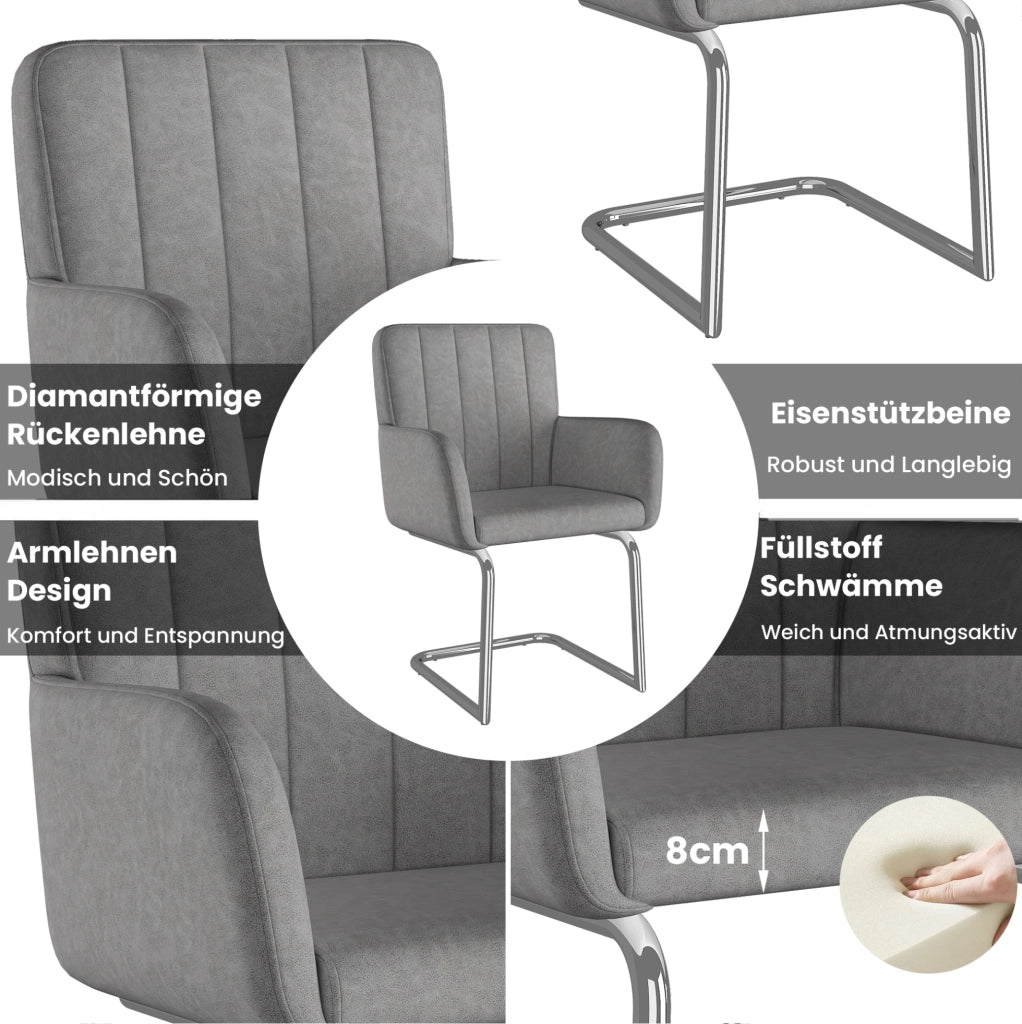 Set da 2 Sedie da Pranzo con Rivestimento in Ecopelle Grigia e Gambe Metalliche a Zigzag