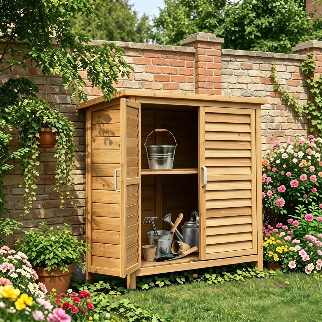 Armadio da esterno in legno con tetto bituminoso e porte a persiana giallo 87 × 46.5 × 96.5 cm