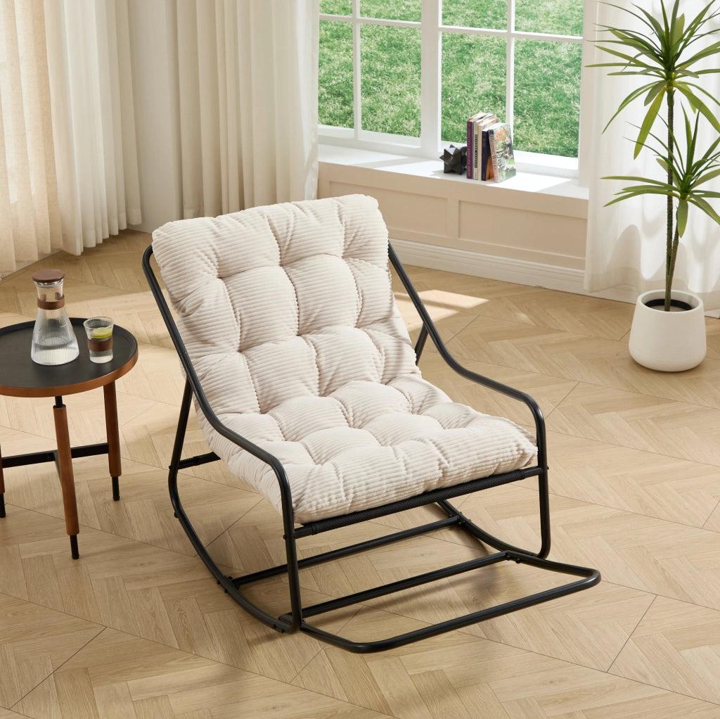 Sedia a Dondolo da Esterno in Acciaio con Cuscino Spesso Bianco, Telaio Nero, 75x116x82 cm