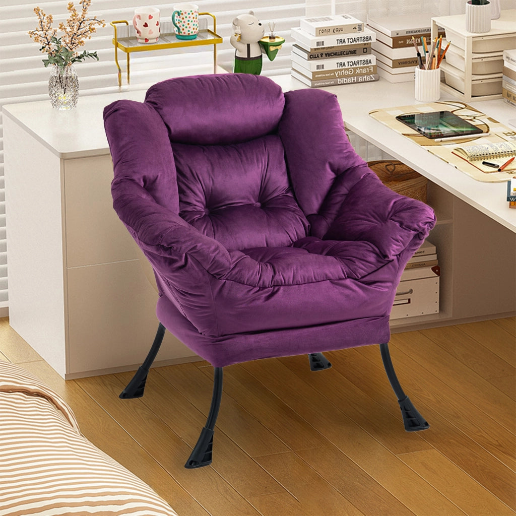 Poltrona relax ergonomica con poggiatesta imbottito e tasca laterale, per lettura e riposo, struttura in metallo viola