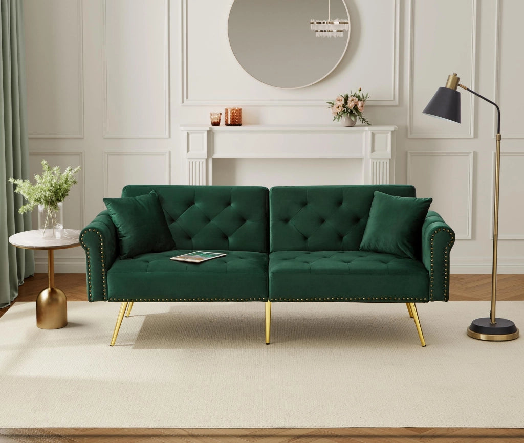 Divano letto 2 posti 173 x 75 x 70 cm con schienali regolabili; velluto; verde antico