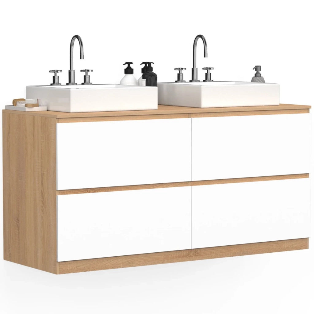 IDMarket - Mobile lavabo doppio TOMI 120 cm 4 cassetti finitura faggio e bianco