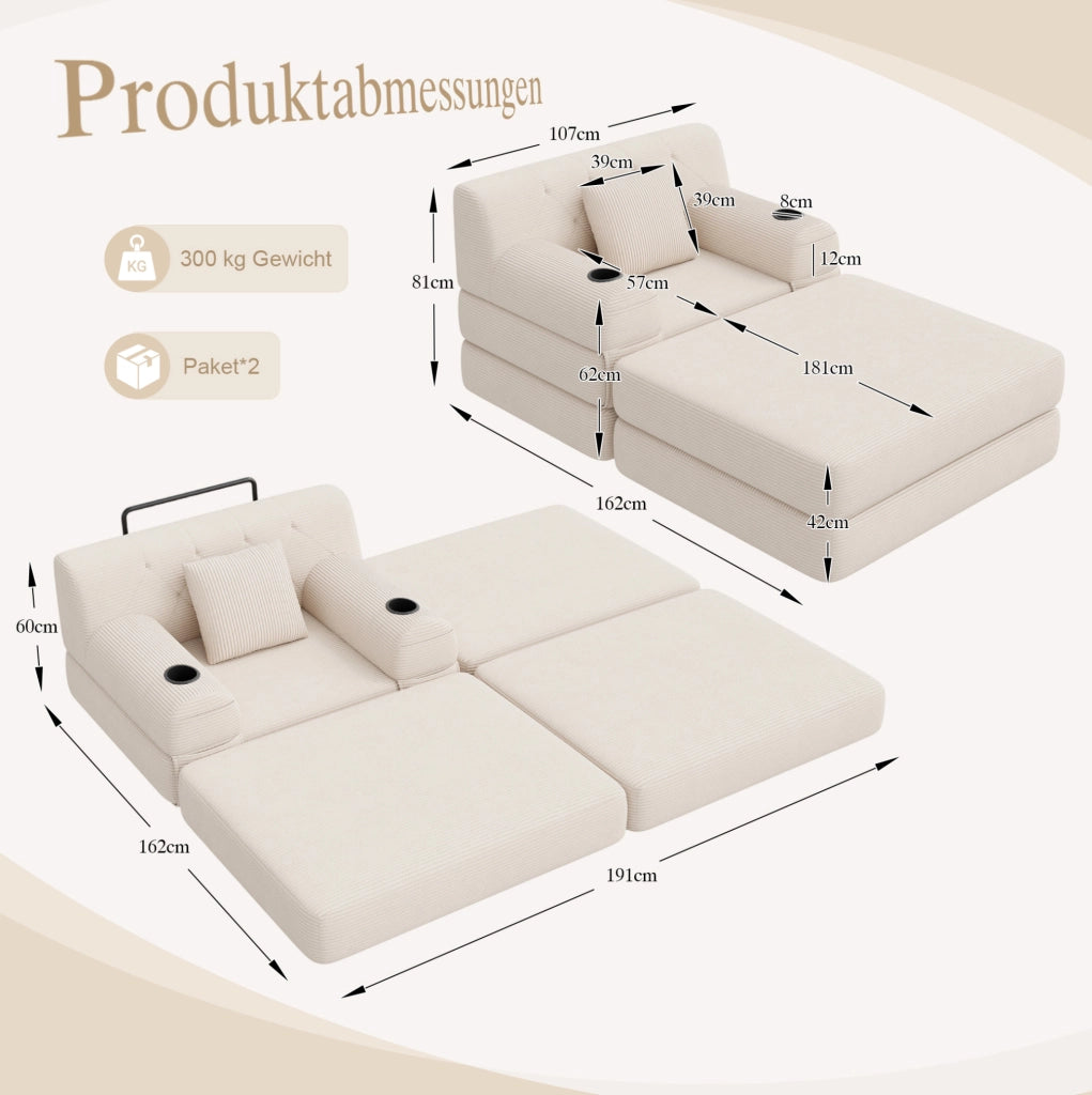 DIVANO LETTO Compresso 162x191 cm in Velluto a Coste Beige