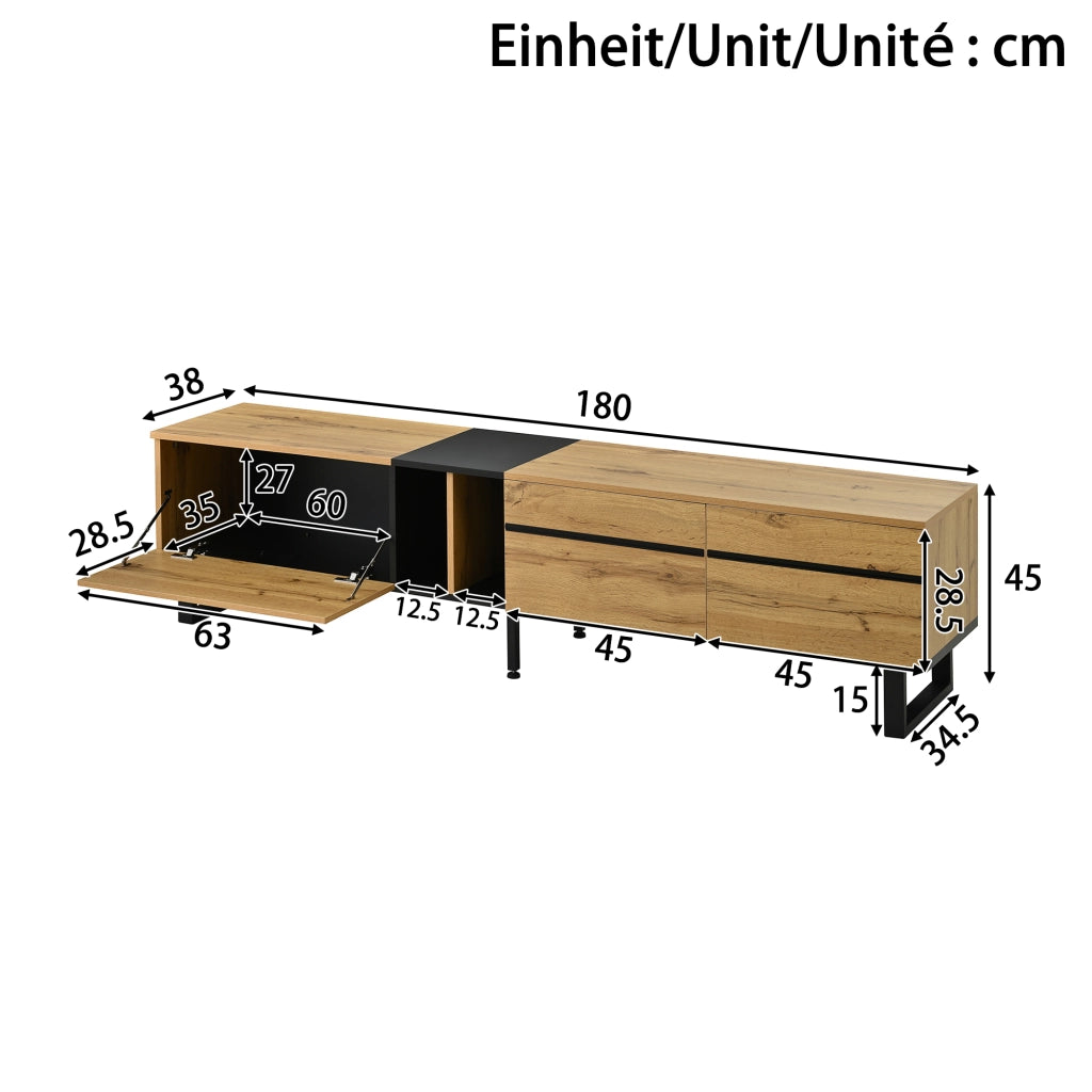 Mobile TV con anta a ribalta vani aperti e due ante in pannello truciolare color legno 180 × 38 × 45 cm
