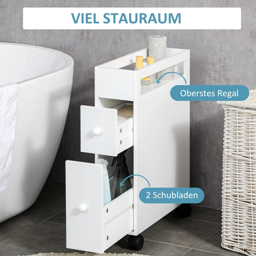 Mobile basso da bagno compatto con ruote; 2 cassetti e vano aperto in MDF bianco 16 × 49.5 × 66 cm