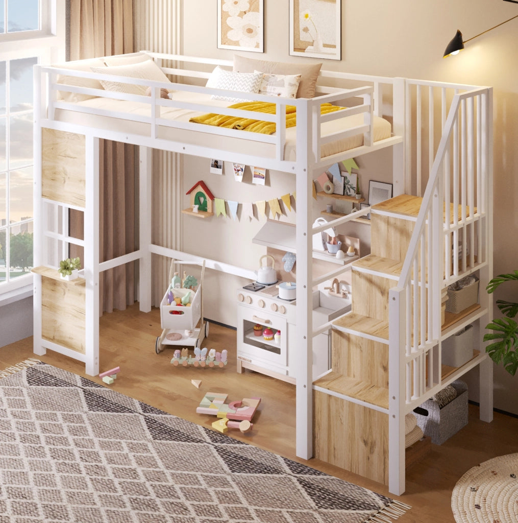 Letto a soppalco per bambini 90x200 cm con scala contenitore e area gioco; bianco HOMVRA
