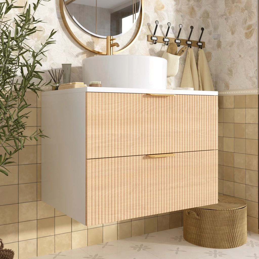Mobile bagno 60 cm sospeso con lavabo rotondo in ceramica; 2 cassetti; MDF; effetto legno naturale