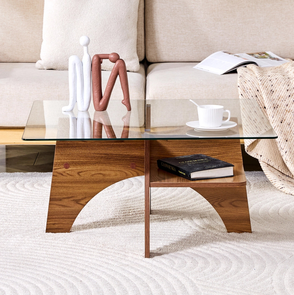 Tavolino da salotto quadrato 80x80 cm in vetro e MDF effetto noce HOMVRA