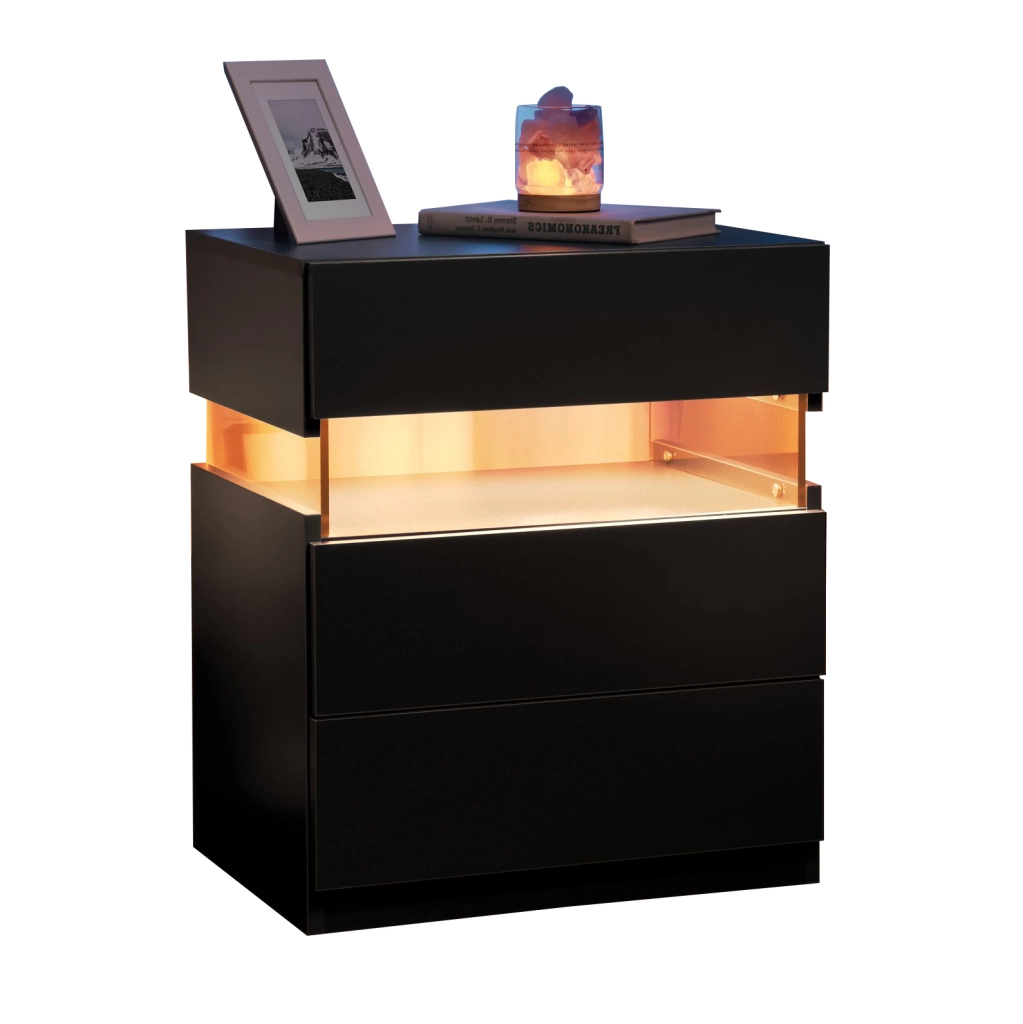 Comodino LED nero con 3 cassetti e pannello acrilico