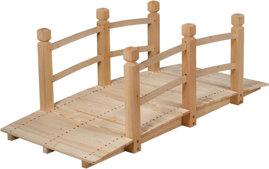 Ponte in Legno per Giardino, Ponte Decorativo con Ringhiera, 150 x 67 x 55cm (Legno Chiaro)