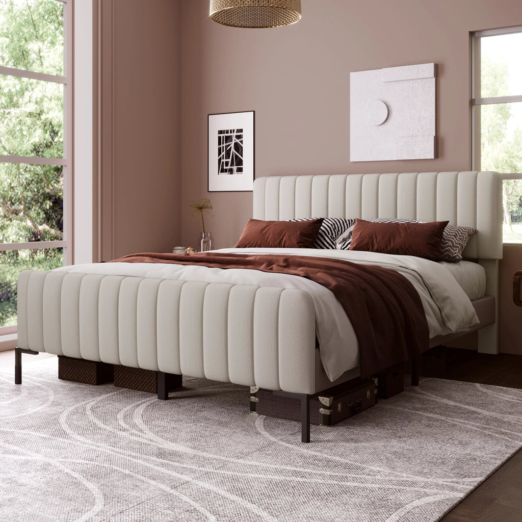 Letto matrimoniale – 160x200 cm – testiera regolabile rete – lino grigiobeige