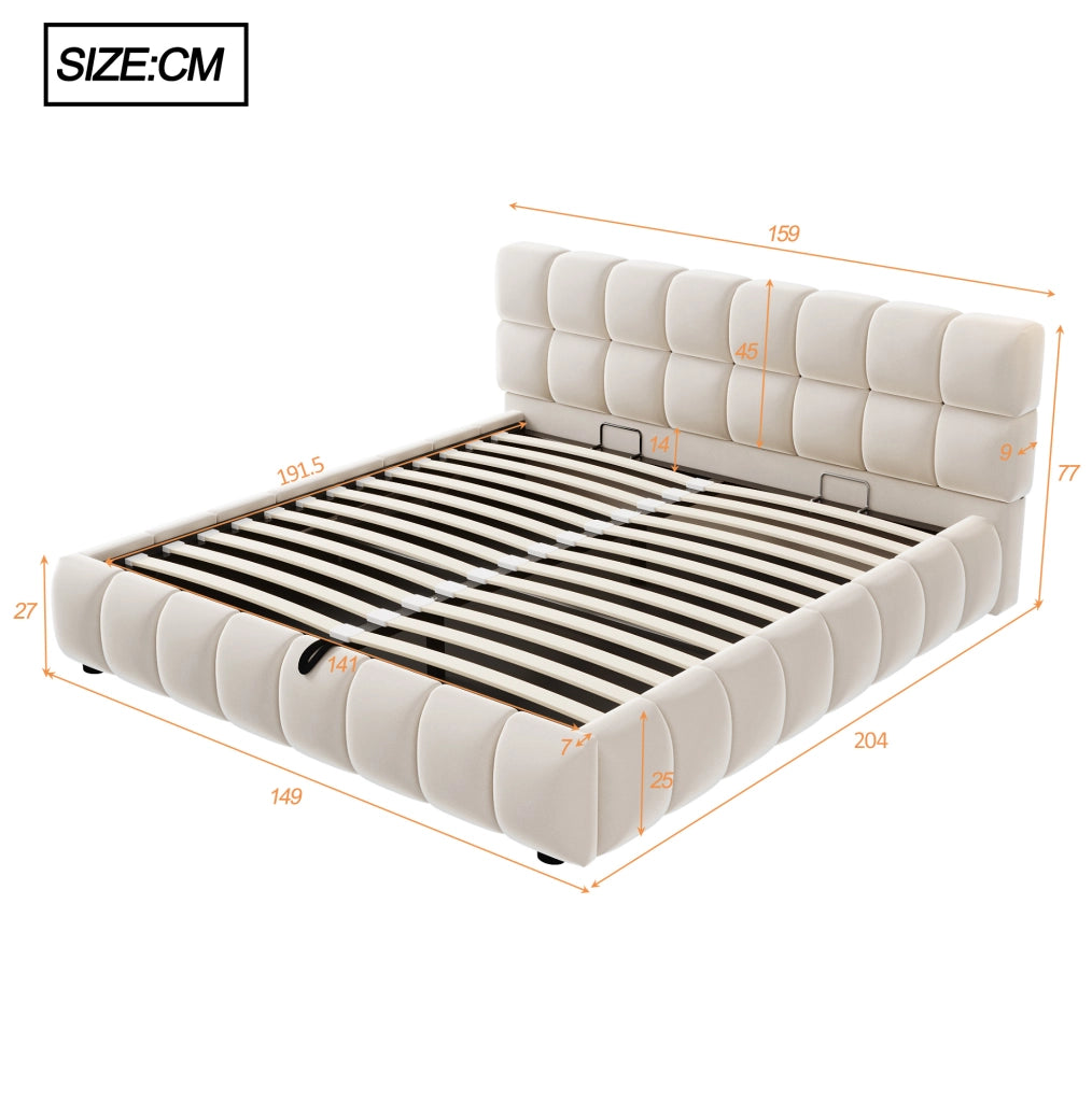 Letto matrimoniale imbottito 140x190 cm in velluto beige con contenitore idraulico