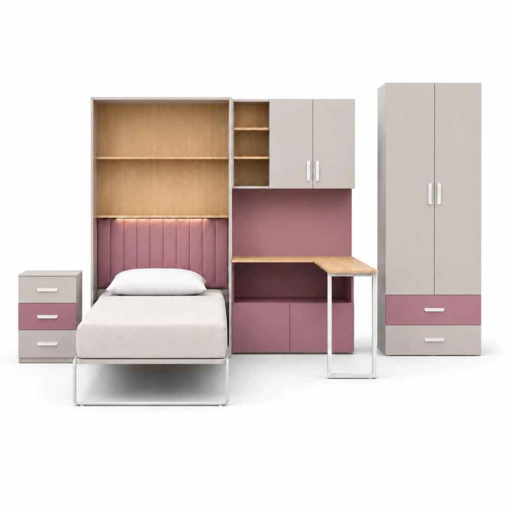 Cameretta Completa Con Letto A Scomparsa Scrivania Armadio Cassettiera Salvaspazio In Melaminico Per Camera Bambini Ragazzi Stanza Ospiti 133 X 208.5 X 45-216 Cm Cashmere E Rosa
