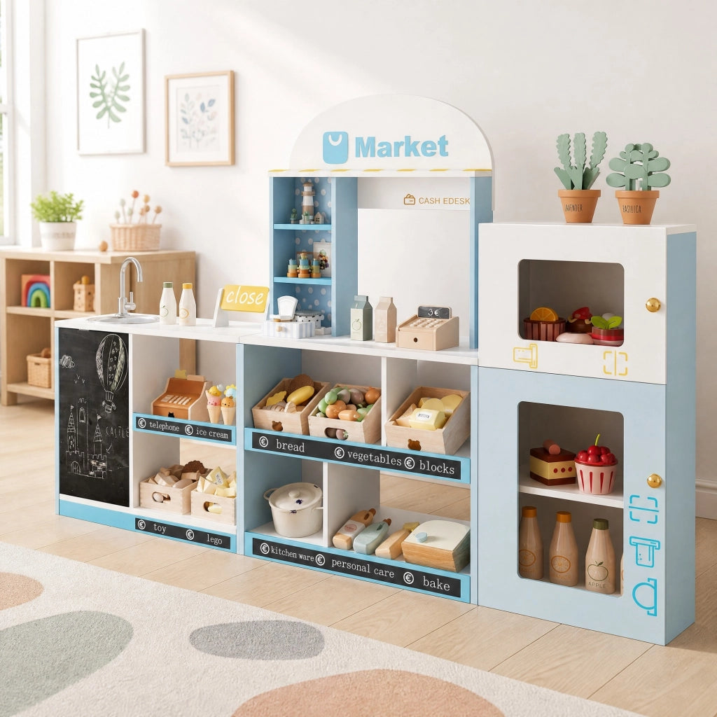 Negozio giocattolo per bambini multifunzione con scaffali frigorifero lavagna scrivibile e rubinetto in MDF blu