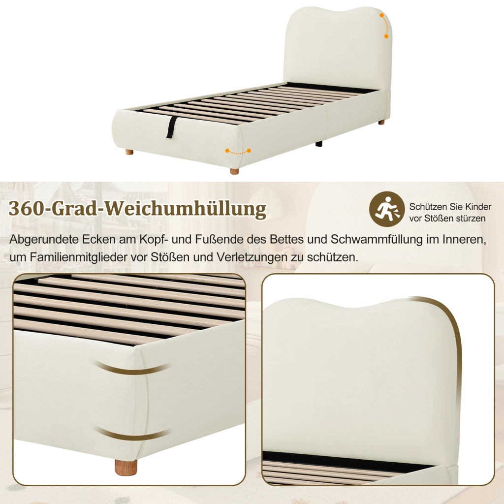 Letto per bambini 90x200 cm con vano contenitore idraulico; rete a doghe; velluto beige