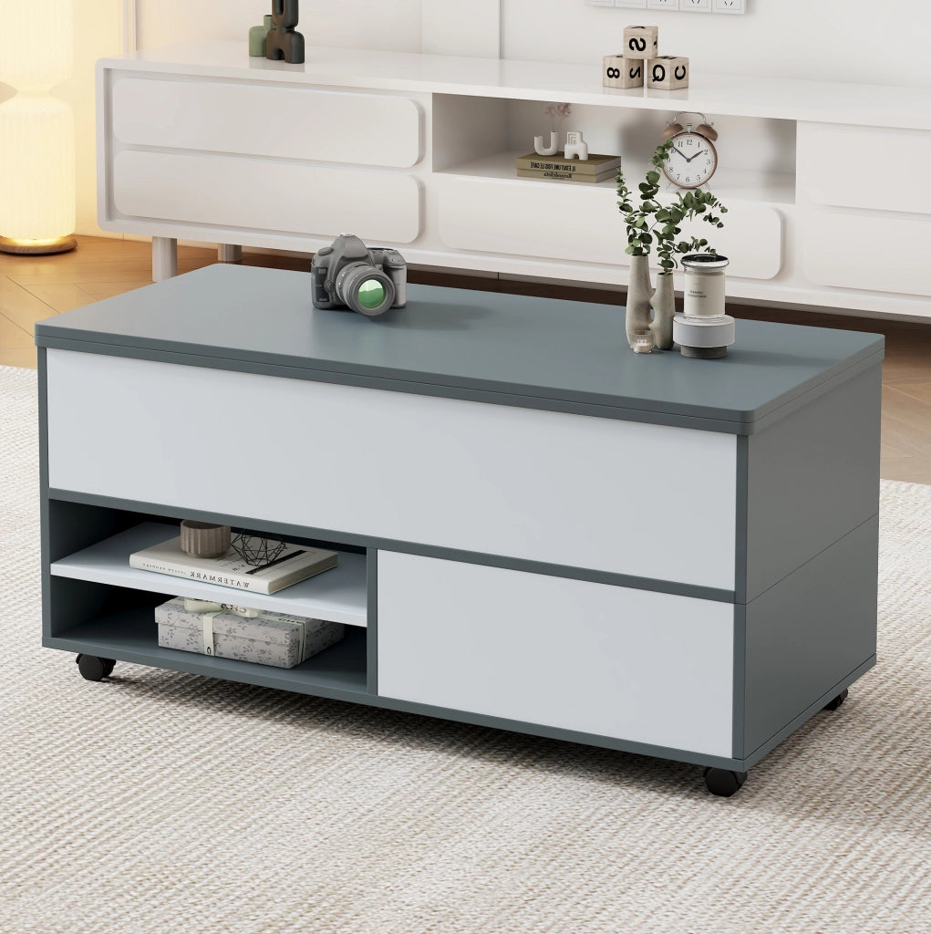 Tavolino da caffè sollevabile 100 x 98 x 65 cm in truciolare grigio e bianco; con ruote e contenitore
